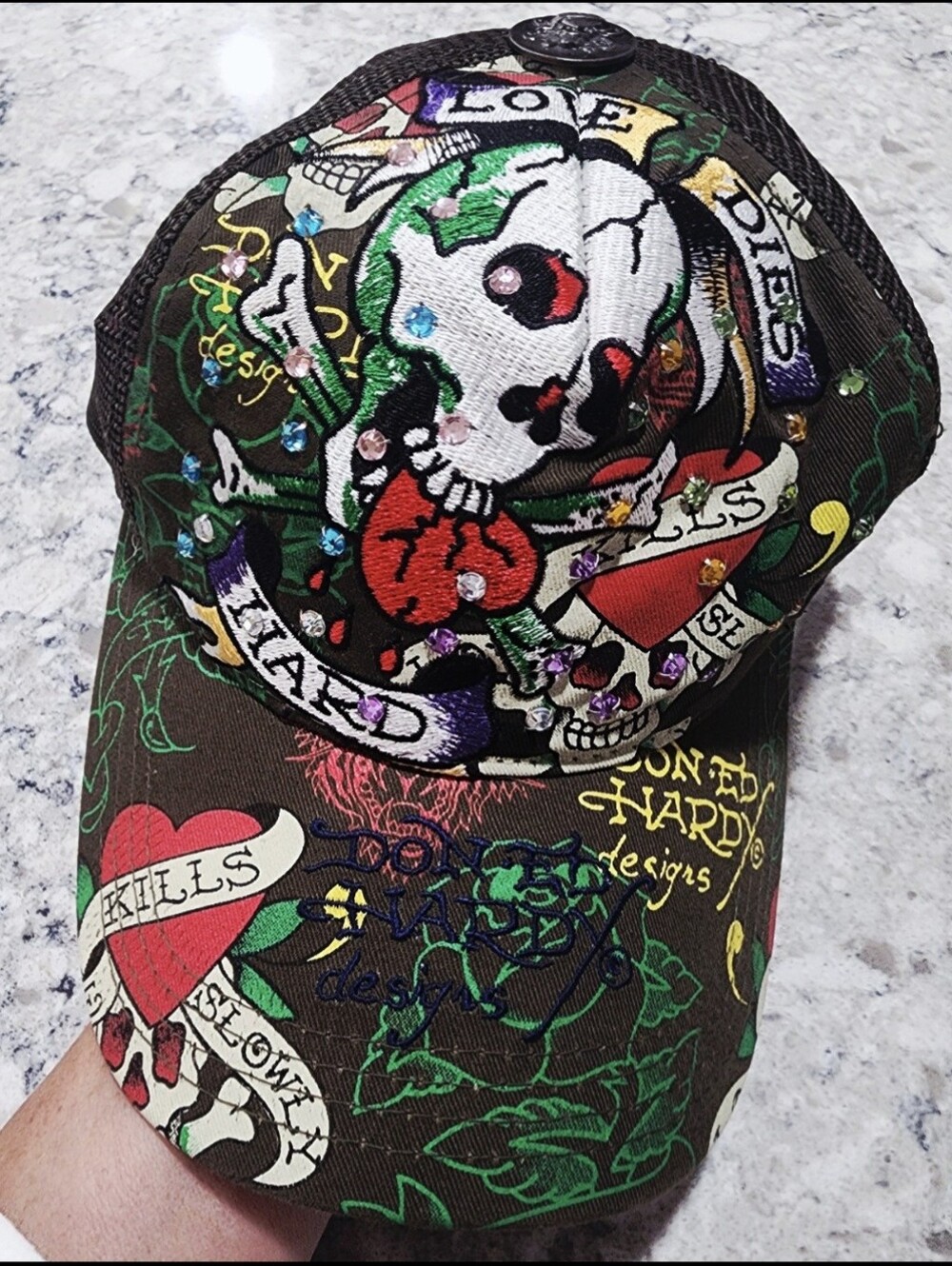 Vintage Y2K Ed Hardy Embellished Skull Graphic Baseball Cap Unisex Olive NWOT.